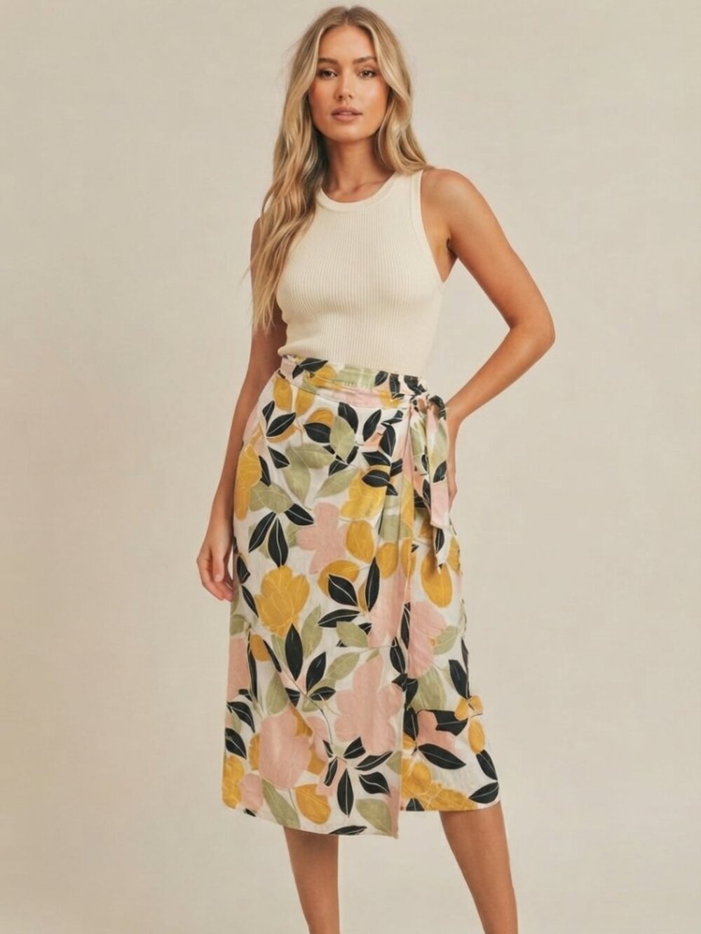 Rachel Zoe White Multi Linen Tie Waist Wrap Midi Skirt Small 39974